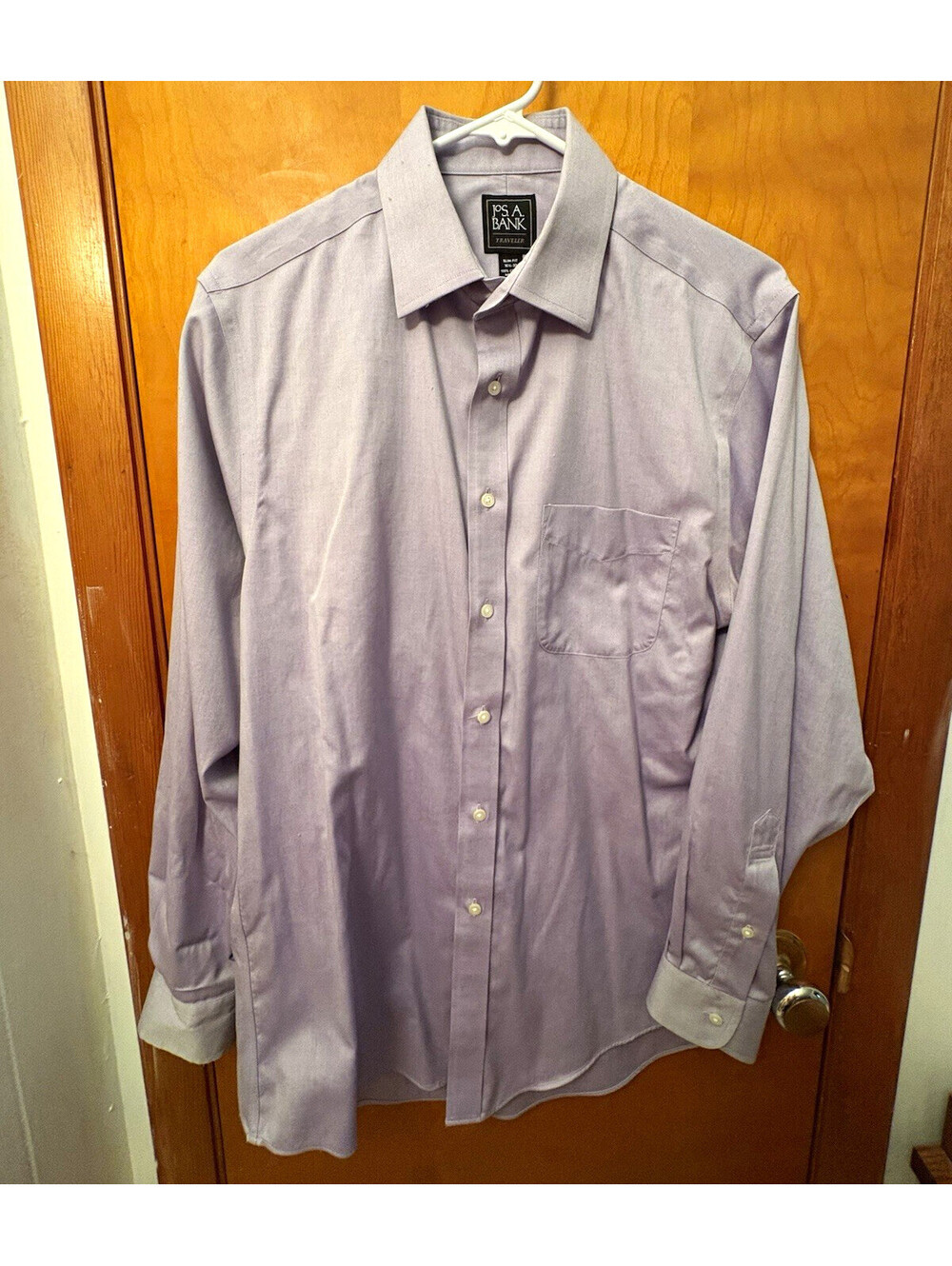 Jos A Bank Traveler Men's 15.5 Slim Purple Solid Pocket Dress Shirt Cotton